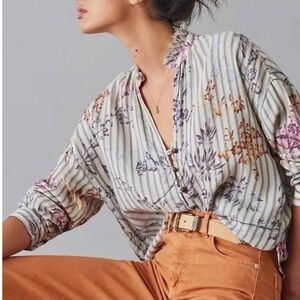 Anthro Pilcro The Tavi Ruffled Button down Floral and Striped Hi-Lo Top
